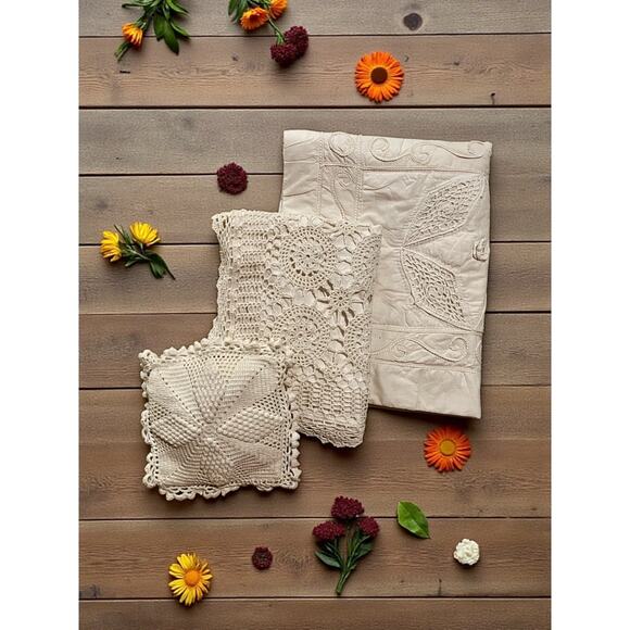 Vintage Crochet Pillow Shams-3 Piece Set-Cotton-Lace-Boho-Farmhouse-Cottagecore - Picture 1 of 8